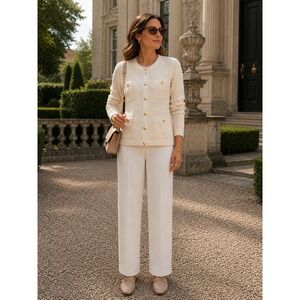 NIC+ZOE Cream Tweed Cardigan Gold Buttons Quiet Luxury Jacket NWT L